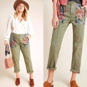 Anthropologie Army Green Embroidered Trouser Pants